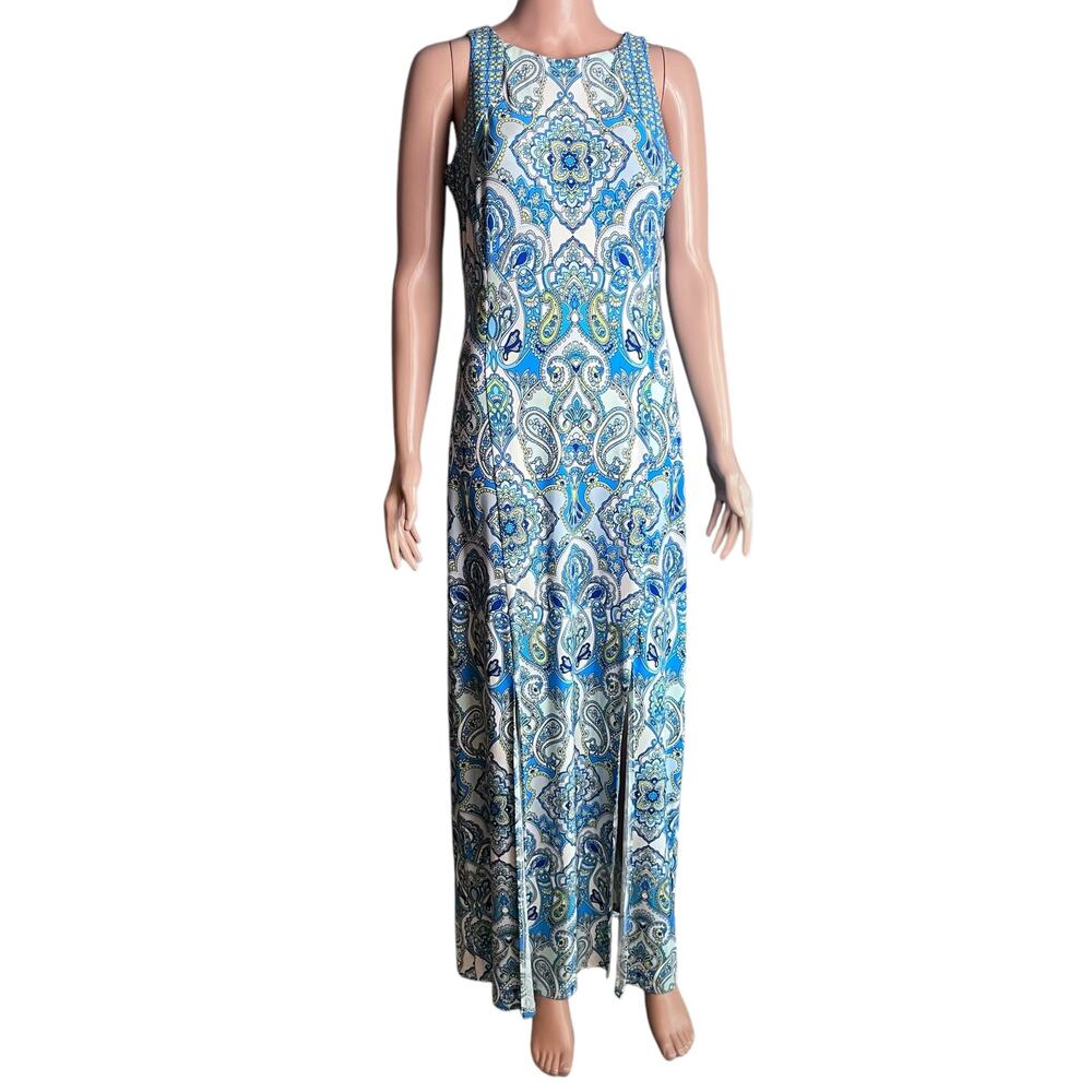 London Times Blue and White Paisley Maxi Dress